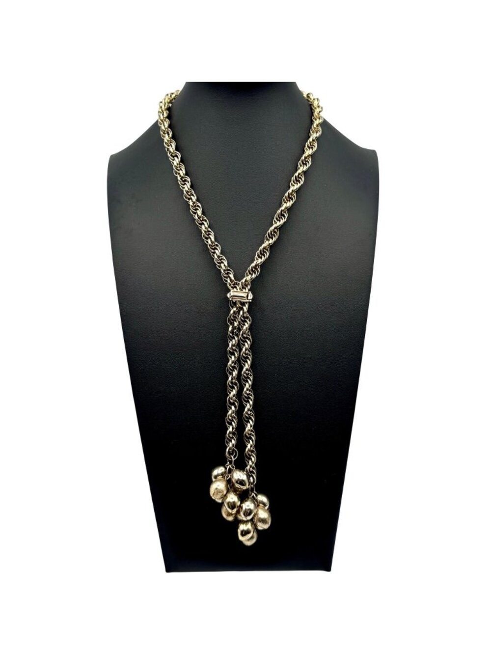 Twisted Rope Tassel Lariat Necklace With Dual Gold-Tone Cluster Charms Vintage - Picture 1 of 8